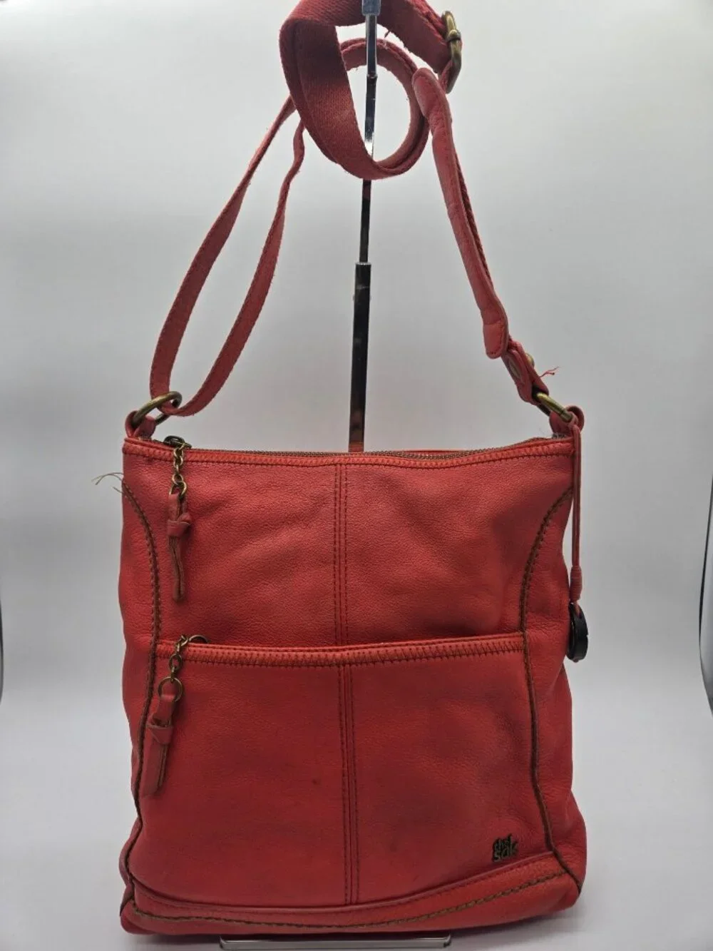 The Sak Orange Leather Thick Stitch Crossbody Bag Adjustable Shoulder Purse
